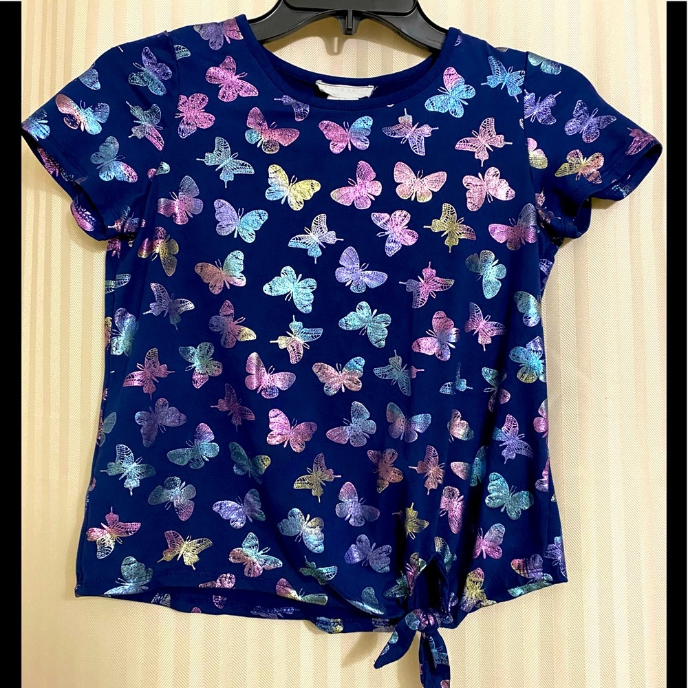 Emma & Elsa dark blue tie front top with butterflies. Girls size 10/12 medium